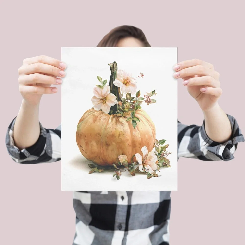 Watercolor Pumpkin with Flowers Wall Art Print Unframed - Cozy Autumn Elegance - Picture 5 of 7